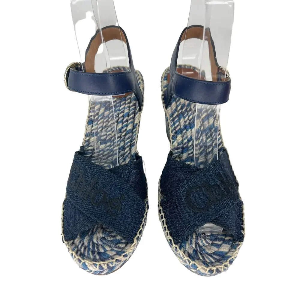 Chloe Piia Denim Logo‎ Espadrille Wedge Sandals with Leather Straps Size 36